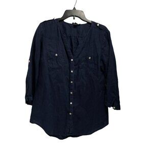 Go Silk Womens Size Large Navy Blue 3/4 Sleeve Button Up Shirt Top Roll Tab Slee